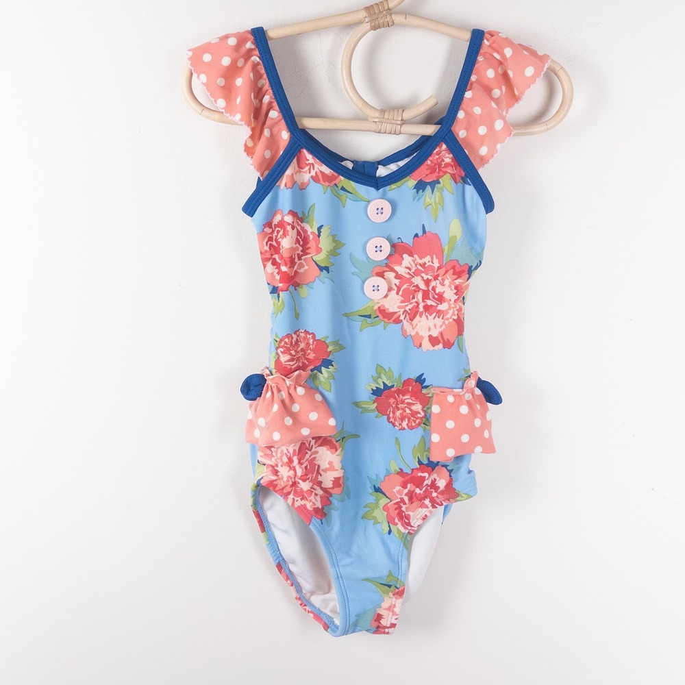 Matilda Jane Swimsuit Kids 4 Blue Floral Polka Dot Ruffle‎ One Piece Swimwear